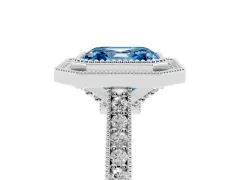 Fancy Blue Asscher Cut Diamond Halo Milgrain Pavé Band Ring Set in Platinum with Prong Setting
