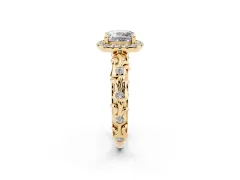 Cushion Cut Diamond Halo Ring Set in Yellow gold with Filigree Leaf Band and Prong Setting