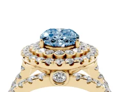 Fancy Blue Oval Cut Diamond Double Halo Ring Set in Yellow gold with Round Pavé Split Shank