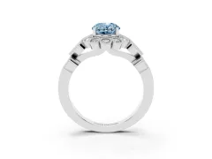 Fancy Blue Oval Cut Diamond Solitaire Ring Set in White gold with Milgrain Pavé Heart Band