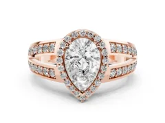 Pear Cut Diamond Halo Ring Set in Rose gold with Double Pavé Split Shank