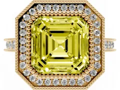 Fancy Yellow Asscher Cut Diamond Halo Milgrain Pavé Band Ring Set in Yellow gold with Prong Setting
