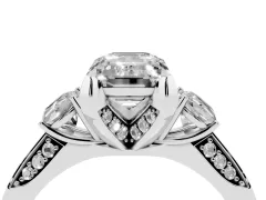 Emerald Cut Diamond Three-Stone Ring Set in Silver with Pavé Band and Smaller Side Stones