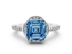 Fancy Blue Asscher Cut Diamond Halo Ring Set in Platinum with Channel Set Band and Prong Setting