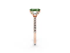 Fancy Green Emerald Cut Diamond Three-Stone Ring Set in Rose gold with Pavé Band and Graduated Sides