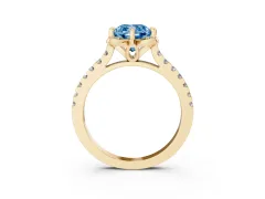 Fancy Blue Cushion Cut Diamond Solitaire Ring Set in Yellow gold with Pavé Band and Floral Prong Setting