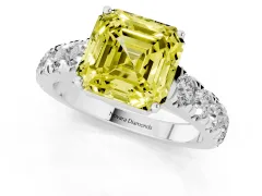 Fancy Yellow Asscher Cut Diamond Solitaire Ring Set in Silver with Cut-Down Micro Pavé Band and Prong Setting