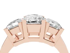 Radiant Cut Diamond Three-Stone Ring Set in Rose gold with Channel-Set Band and Prong Settings