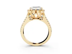 Asscher Cut Diamond Floral Halo Split Shank Engagement Ring Set in Yellow gold with Pavé Shank
