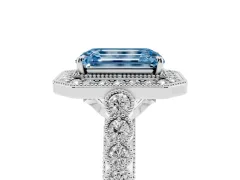 Fancy Blue Emerald Cut Diamond Milgrain Halo Solitaire Ring Set in Platinum with Bezel Set Side Stones and Pavé Band