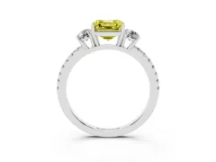 Fancy Yellow Asscher Cut Diamond Three-Stone Ring Set in Platinum with Pavé Band and Graduated Sides