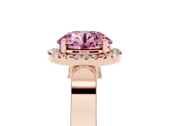Fancy Pink Round Cut Diamond Halo Ring Set in Rose gold with Pavé-Lined Split Shank Band