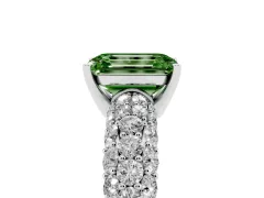 Fancy Green Emerald Cut Diamond Pavé Band Solitaire Ring Set in White gold with Close-Set Accent Stones and Prong Setting