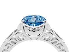 Fancy Blue Cushion Cut Diamond Halo Ring Set in White gold with Channel Set Band and Prong Setting