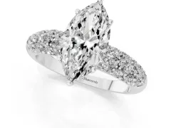 Marquise Cut Diamond Pavé Band Solitaire Ring Set in Platinum with Close-Set Accent Stones and Prong Setting