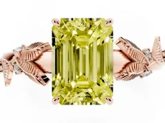 Fancy Yellow Emerald Cut Diamond Solitaire Ring Set in Rose gold with Leaf Motif Band