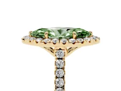 Fancy Green Marquise Cut Diamond Pavé Halo Engagement Ring Set in Yellow gold with Pavé Band and Prong Setting