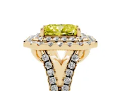 Fancy Yellow Radiant Cut Diamond Double Halo Ring Set in Yellow gold with Pavé Split Shank and Prong Setting