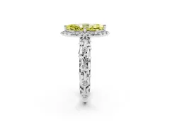 Fancy Yellow Marquise Cut Diamond Halo Ring Set in Platinum with Filigree Leaf Band and Prong Setting