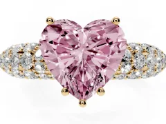 Fancy Pink Heart Cut Diamond Pavé Band Solitaire Ring Set in Yellow gold with Close-Set Accent Stones and Prong Setting