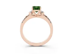 Fancy Green Emerald Cut Diamond Three-Stone Pavé Ring Set in Rose gold with Prong Setting