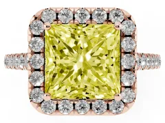 Fancy Yellow Princess Cut Diamond Pavé Halo Engagement Ring Set in Rose gold with Pavé Band and Prong Setting