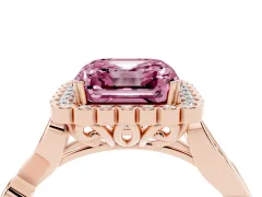 Fancy Pink Asscher Cut Diamond Halo Ring Set in Rose gold with Leaf Motif Split Shank and Prong Setting