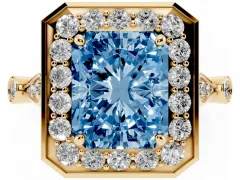Fancy Blue Radiant Cut Diamond Halo Engagement Ring Set in Yellow gold with Twisted Band and Prong Setting
