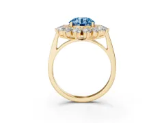 Fancy Blue Round Cut Diamond Floral Double Halo Ring Set in Yellow gold with Round Petals