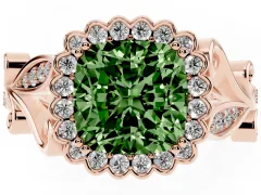 Fancy Green Cushion Cut Diamond Halo Ring Set in Rose gold with Leaf Motif Split Shank and Prong Setting