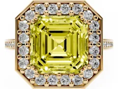 Fancy Yellow Asscher Cut Diamond Halo Ring Set in Yellow gold with Accent-Lined Split Shank and Prong Setting