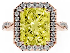 Fancy Yellow Radiant Cut Diamond Halo Twist Band Solitaire Ring Set in Rose gold with Prong Setting