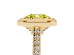 Fancy Yellow Asscher Cut Diamond Halo Milgrain Pavé Band Ring Set in Yellow gold with Prong Setting