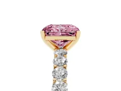 Fancy Pink Radiant Cut Diamond Solitaire Ring Set in Yellow gold with Shared Prong Pavé Band
