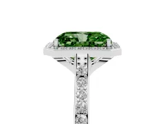 Fancy Green Radiant Cut Diamond Halo Engagement Ring Set in Platinum with Round Pavé Shoulders and Heart Gallery