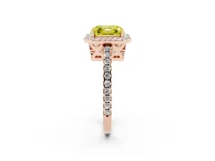 Fancy Yellow Asscher Cut Diamond Halo Ring Set in Rose gold with Pavé Shoulders and Halo-Framed Center