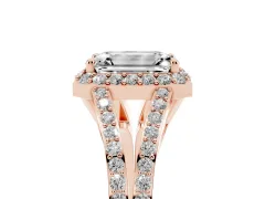 Emerald Cut Diamond Halo Split Shank Pavé Ring Set in Rose gold with Prong Setting