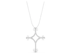 Pavé Diamond Cushion Cross Pendant Set in Silver with Fleur-de-Lis Prongs