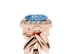 Fancy Blue Radiant Cut Diamond Halo Floral Band Ring Set in Rose gold with Prong Setting