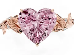 Fancy Pink Heart Cut Diamond Solitaire Ring Set in Rose gold with Leaf Motif Band