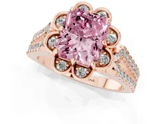 Fancy Pink Radiant Cut Diamond Floral Halo Split Shank Engagement Ring Set in Rose gold with Pavé Shank