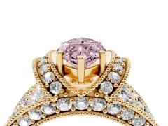 Fancy Pink Marquise Cut Diamond Milgrain Halo Pavé Engagement Ring Set in Yellow gold with Prong Setting