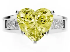 Fancy Yellow Heart Cut Diamond Solitaire Ring Set in White gold with Channel-Set Accent Stones and Prong Setting