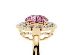 Fancy Pink Round Cut Diamond Halo Cluster Engagement Ring Set in Yellow gold with Solitaire Band and Prong Setting