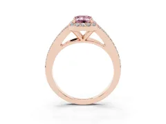 Fancy Pink Emerald Cut Diamond Halo Split Shank Pavé Ring Set in Rose gold with Prong Setting