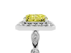 Fancy Yellow Radiant Cut Diamond Halo Engagement Ring Set in Platinum with Twisted Band and Prong Setting