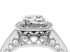 Cushion Cut Diamond Halo Ring Set in Silver with Stone-Set Split Shank and Milgrain Edges