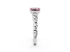 Fancy Pink Emerald Cut Diamond Vine Band Solitaire Ring Set in Silver with Milgrain Prong Setting