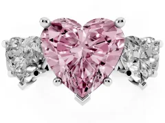 Fancy Pink Heart Cut Diamond Three-Stone Trellis Ring Set in Platinum with Comfort Fit Band