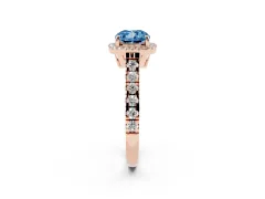 Fancy Blue Cushion Cut Diamond Halo Engagement Ring Set in Rose gold with Pavé Band and Prong-Set Center